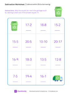 Subtract within 20 (no borrowing) - Recycle | Math Worksheet