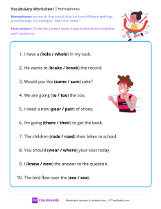 Homophones - Record | Reading & Writing Worksheet