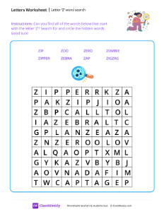 Letter Z word search - Wise Search | Reading & Writing Worksheet