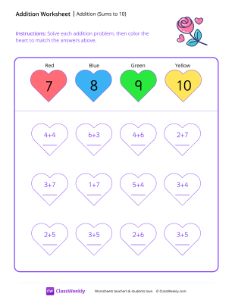 Addition (Sums to 10) - Rose | Math Worksheet