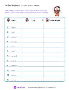 2 letter blends - al words | Reading & Writing Worksheet