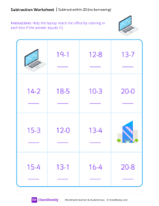 Subtract within 20 (no borrowing) - Laptop | Math Worksheet