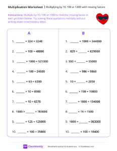 Multiplying by 10, 100 or 1,000 with missing factors - Heart Shades | Math Worksheet