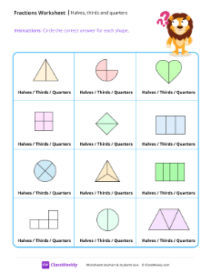 Equal parts - Halves, thirds and quarters - Lion | Math Worksheet