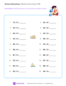 Division by 8 or 9 (up to 100) - Workout | Math Worksheet