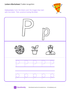 Letter Recognition (P) - Pizza | Reading & Writing Worksheet