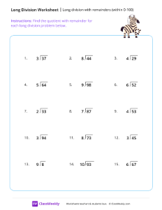 Long division with remainders (within 0-100) - Zebra | Math Worksheet