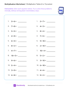 Multiplication Tables (2-10 practice) - Tablet | Math Worksheet