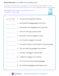 Countable and uncountable nouns - Milk | Grammar Worksheet