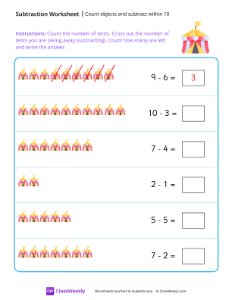 Count objects and subtract within 10 - Circus | Math Worksheet