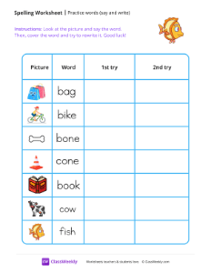 Practice words (say and write) - Fish | Reading & Writing Worksheet