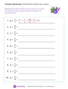 Divide Whole Numbers By a Fraction - Purple Bag | Math Worksheet