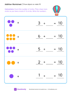 Draw objects to make 10 - Hot air balloon | Math Worksheet