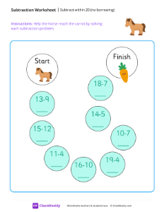 Subtract within 20 (no borrowing) - Horse | Math Worksheet