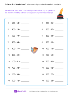 Subtract a 2-digit number from whole hundreds - Ink | Math Worksheet