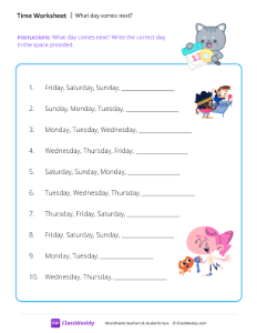 What day comes next? - Date | Math Worksheet