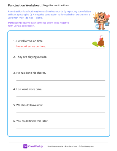 Negative contractions - Clean | Reading & Writing Worksheet