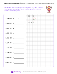 Subtract a 2-digit number from a 2-digit number (no borrowing) - Robot | Math Worksheet