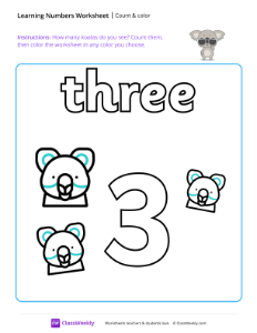 Count and Color - Three | Math Worksheet