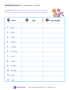 2 letter blends - ge words | Reading & Writing Worksheet