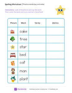 Practice words (say and write) - Star | Reading & Writing Worksheet