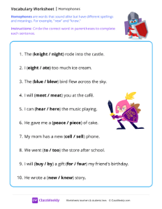 Homophones - Knight | Reading & Writing Worksheet