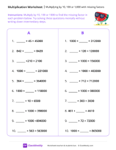 Multiplying by 10, 100 or 1,000 with Missing Factors - Watermelon | Math Worksheet