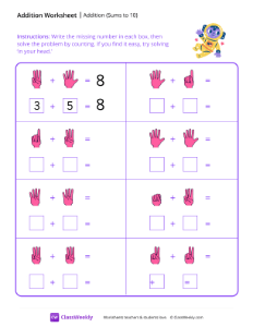 Counting fingers (sums to 10) - Yellow Astronaut | Math Worksheet