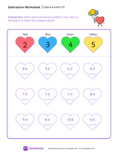 Subtract within 10 - Heart | Math Worksheet