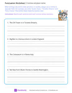 Commas and place names - Big Ben | Reading & Writing Worksheet