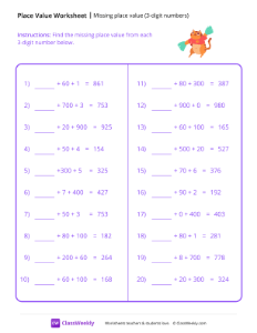 Missing place value (3-digit numbers) - Cat Cheer | Math Worksheet