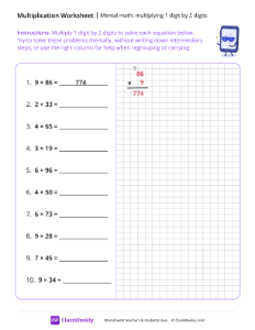 Mental Math: Multiplying 1 digit by 2 digits - Dreamy Tablet | Math Worksheet