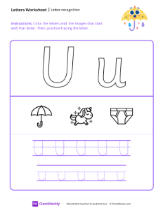 Letter Recognition (U) - Umbrella | Reading & Writing Worksheet