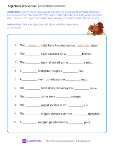 Alliterations (sentences) - Squirrel | Grammar Worksheet