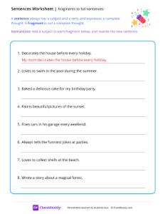 Fragments to full sentences - Party | Reading & Writing Worksheet