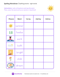 Spelling Practice & Sight Words - Sun | Reading & Writing Worksheet