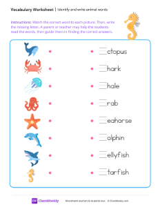 Identify and write animal words - Sea animals | Reading & Writing Worksheet