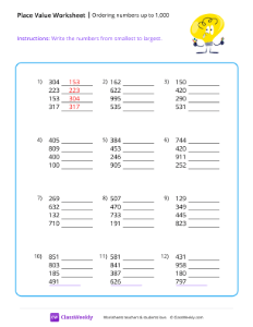 Ordering Numbers (up to 1,000) - Light Bulb | Math Worksheet