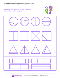 Identifying Equal Parts - Sea Horse | Math Worksheet