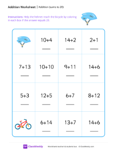 Addition maze (sums to 20) - Helmet | Math Worksheet