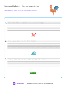 Trace and copy sentences - Rooster | Reading & Writing Worksheet