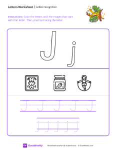 Letter Recognition (J) - Jaguar | Reading & Writing Worksheet