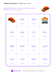 Addition Maze (Sums to 10) - Car | Math Worksheet