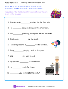 Commonly confused verbs - is & are | Grammar Worksheet