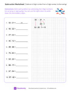 Subtract a 2-digit number from a 2-digit number (no borrowing) - Drone | Math Worksheet