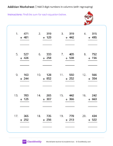 Adding 3-digit numbers in columns (no regrouping) - Fish | Math Worksheet