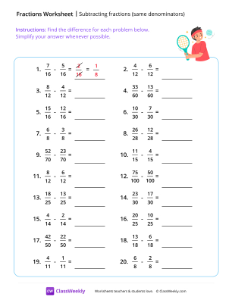 Subtracting fractions (same denominators) - Tennis | Math Worksheet