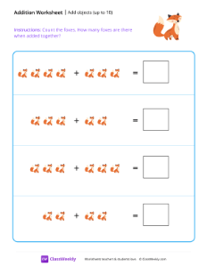 Add objects (up to 10) - Foxes | Math Worksheet