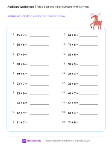 Add 2-digit and 1-digit numbers (with carrying) - Reindeer | Math Worksheet