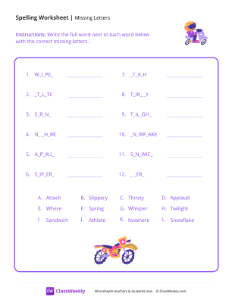 Fill In The Missing Letters - Motorbike | Reading & Writing Worksheet